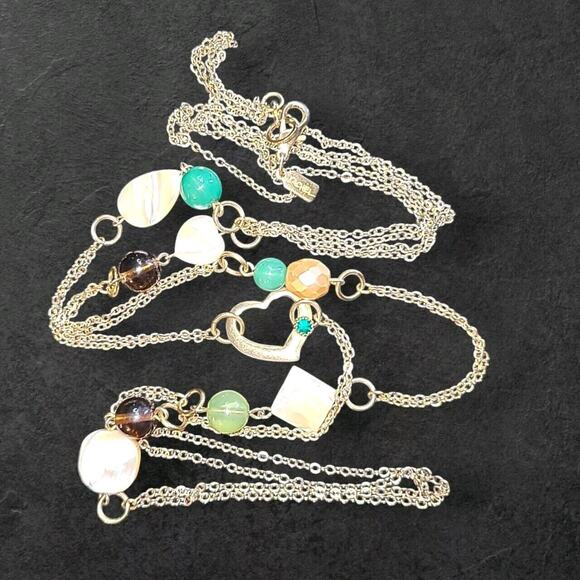 Gold Tone Mother Of Pearl & Glass Heart Charm Station Necklace Signed rACHEL 44" - Picture 1 of 10